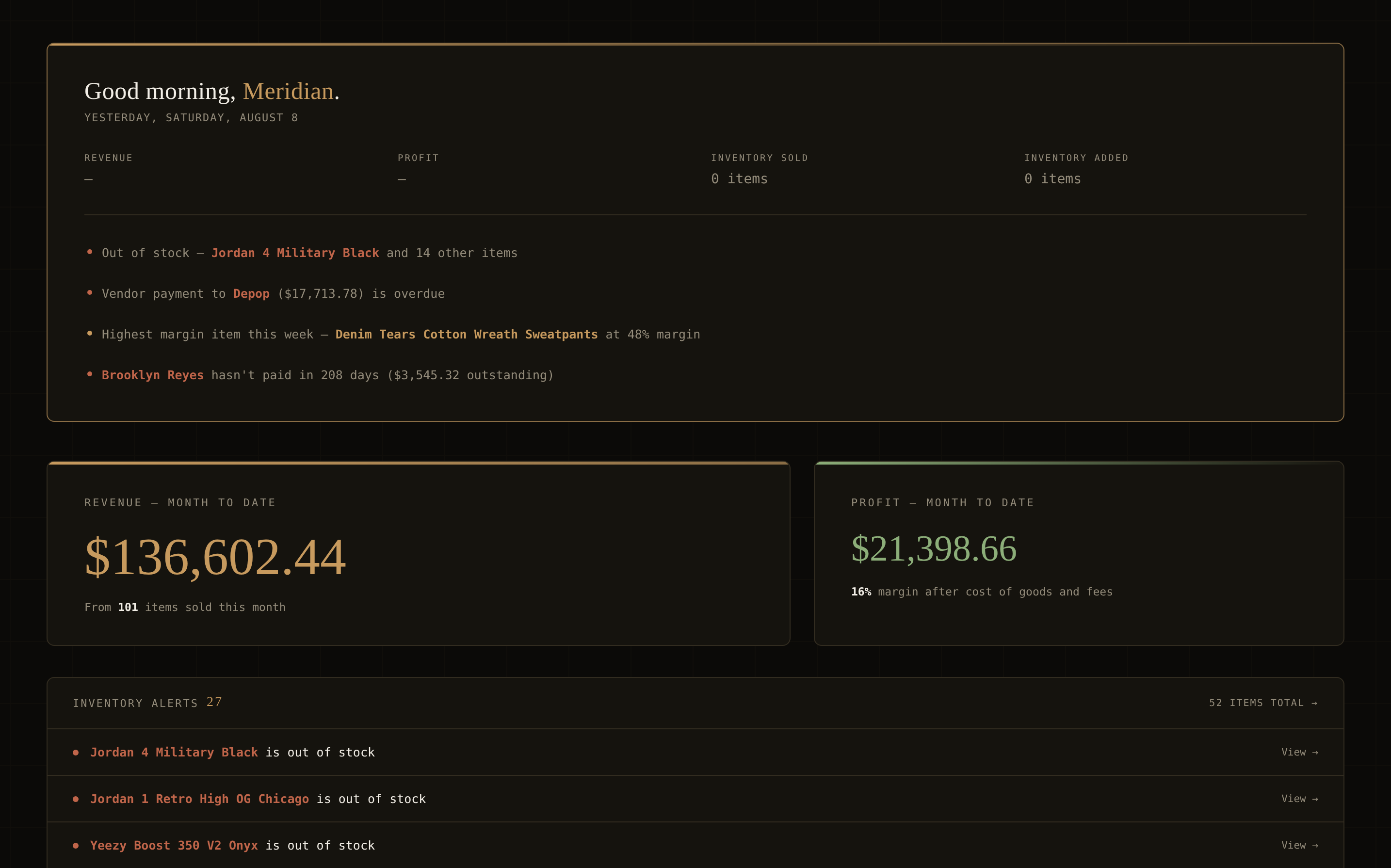 Dashboard with live alerts, revenue, and profit for the month