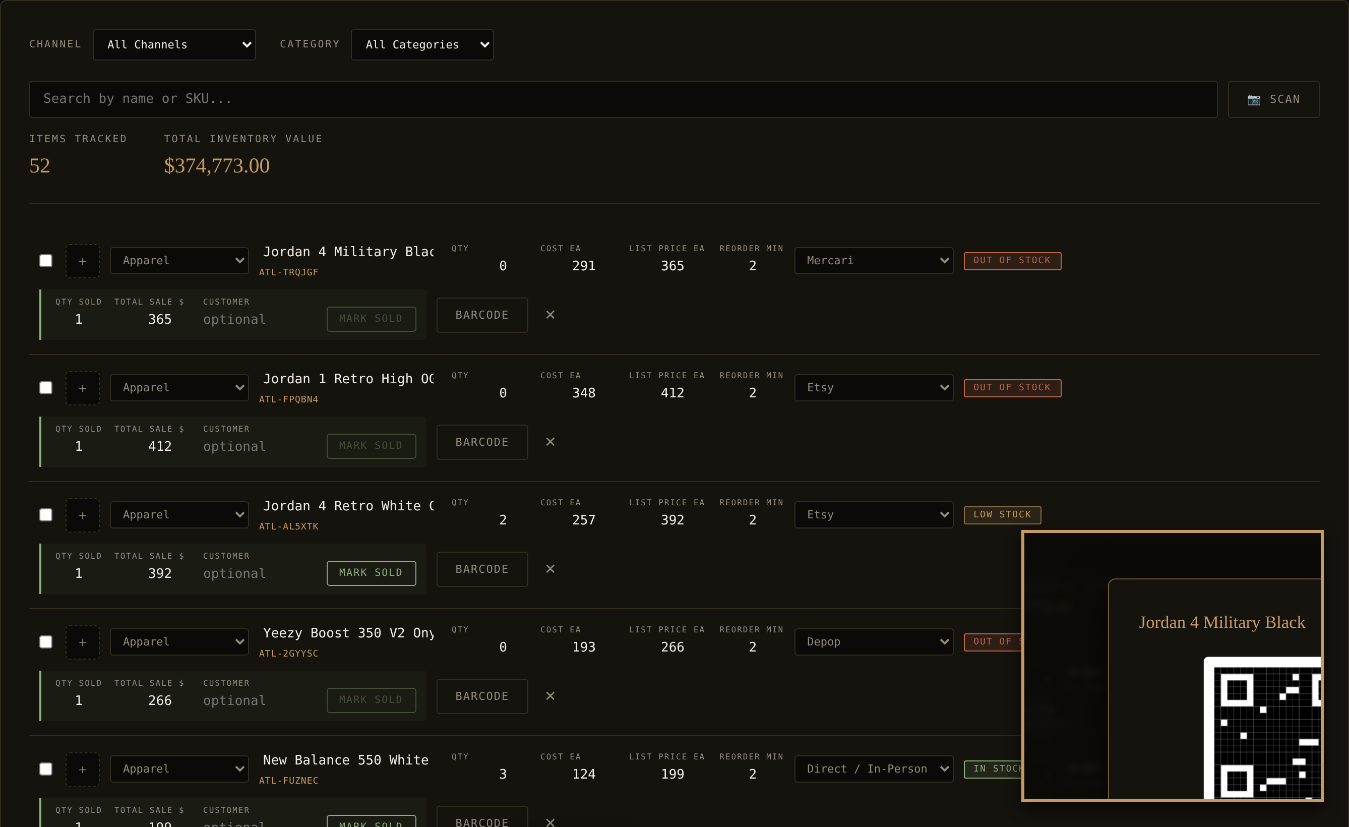 Inventory ledger with SKUs and stock levels, with a generated barcode shown for one item